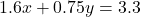 1.6x + 0.75y = 3.3