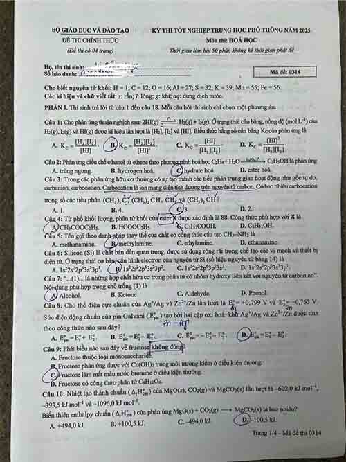 Đề thi tham khảo môn Hóa học Kỳ thi tốt nghiệp THPT 2026