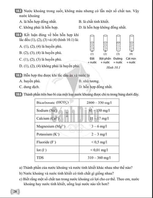 Giải Bài 10 (Trang 27-30) SBT Khoa học tự nhiên lớp 6 Cánh diều: Hỗn hợp - Chất tinh khiết - Dung dịch