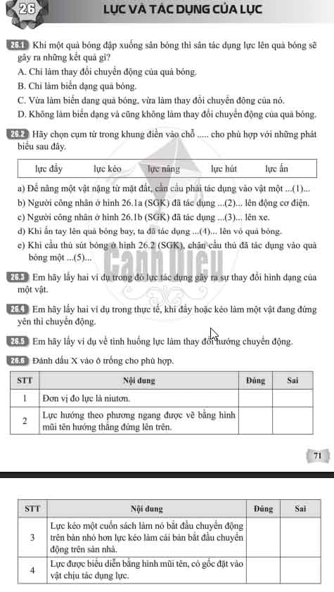 Giải Bài 26 (Trang 71-72) SBT Khoa học tự nhiên lớp 6 Cánh diều Lực và tác dụng của lực