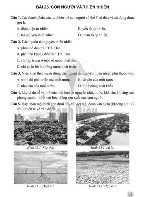Giải Bài 25 từ Câu 1 tới câu 5 (trang 83) SBT Lịch sử và Địa lí lớp 6 Cánh diều Phần Địa lí