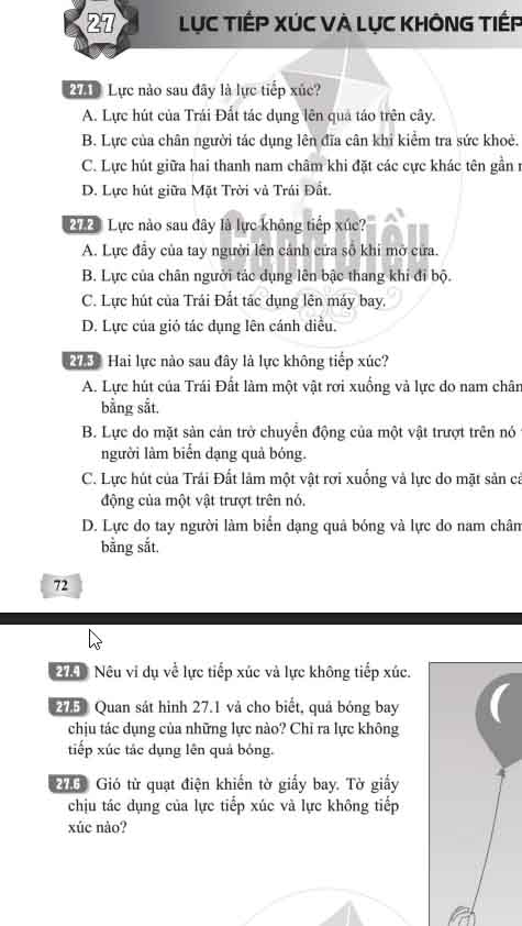 Giải Bài 27 (Trang 72-73) SBT Khoa học tự nhiên lớp 6 Cánh diều: Lực tiếp xúc và lực không tiếp xúc