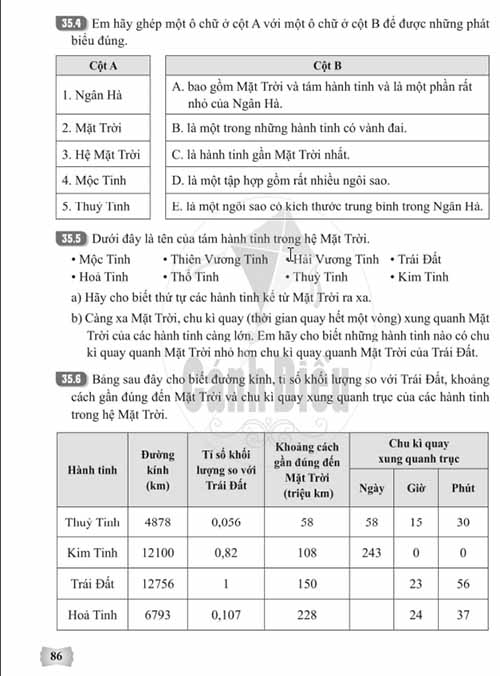 Giải Bài 35 (Trang 85-87) SBT Khoa học tự nhiên lớp 6 Cánh diều: Hệ mặt trời và ngân hà