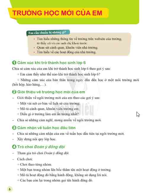 Giải Hoạt động trải nghiệm hướng nghiệp lớp 6 Cánh diều Chủ đề 1 Bài 1 Trường học mới của em (Trang 6-8)