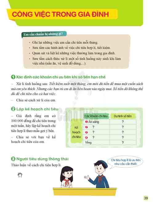 Giải Hoạt động trải nghiệm hướng nghiệp lớp 6 Cánh diều Chủ đề 6 Bài 1 Công việc trong gia đình (Trang 39-40)