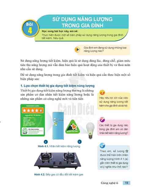 Giải SGK Công nghệ lớp 6 Cánh diều Bài 4 (trang 19-21) Sử dụng năng lượng trong gia đình