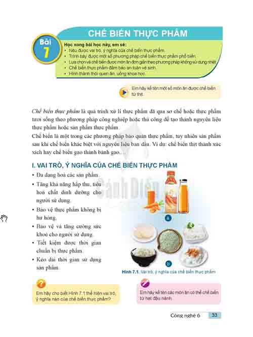 Giải SGK Công nghệ lớp 6 Cánh diều Bài 7: Chế biến thực phẩm (trang 33-38)