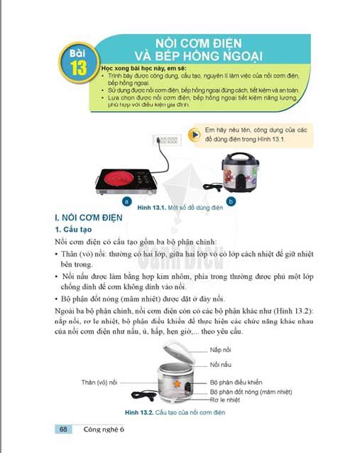 Giải SGK Công nghệ lớp 6 Cánh diều Chủ đề 4 Bài 13 Nồi cơm điện và bếp hồng ngoại (trang 68-71)