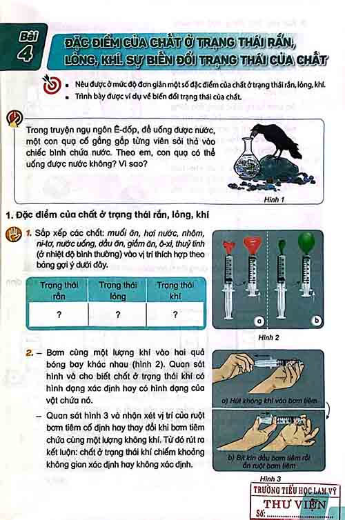 Giải SGK Khoa học lớp 5 Kết nối tri thức Bài 4 Đặc điểm của chất ở trạng thái rắn lỏng khí - Sự biến đổi của trạng thái chất (trang 17-20)