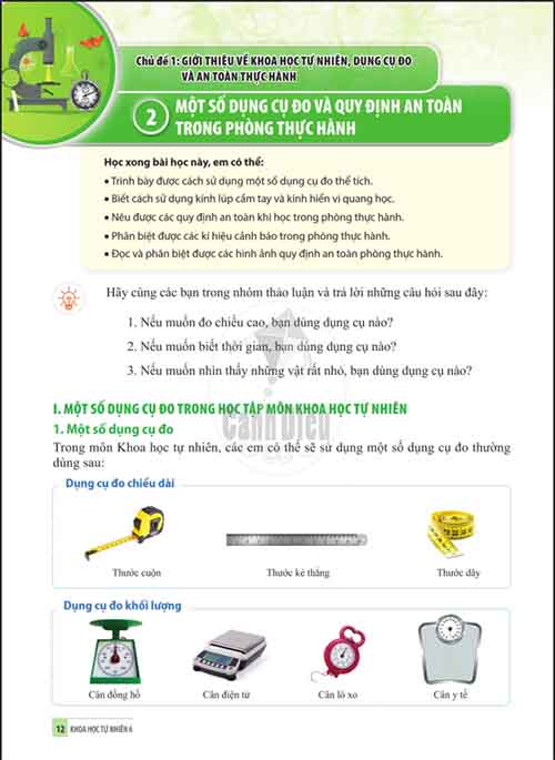 Giải SGK Khoa học tự nhiên lớp 6 Cánh diều Phần 1: Chủ đề 1: Bài 2: Một số dụng cụ đo và quy định an toàn trong phòng thực hành (trang 12-18)