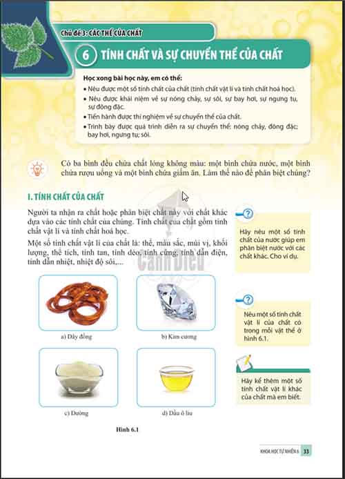Giải SGK Khoa học tự nhiên lớp 6 Cánh diều Phần 2: Chủ đề 3: Bài 6: Tính chất và sự chuyển thể của chất (trang 33-36)