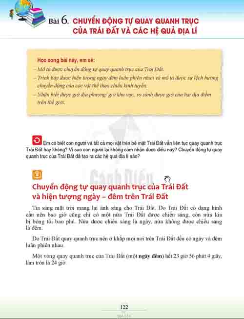 Giải SGK Lịch sử và Địa lí lớp 6 Cánh diều Phần Địa lí Bài 6: Chuyển động tự quay quanh trục của Trái Đất và các hệ quả địa lí (trang 122-126)