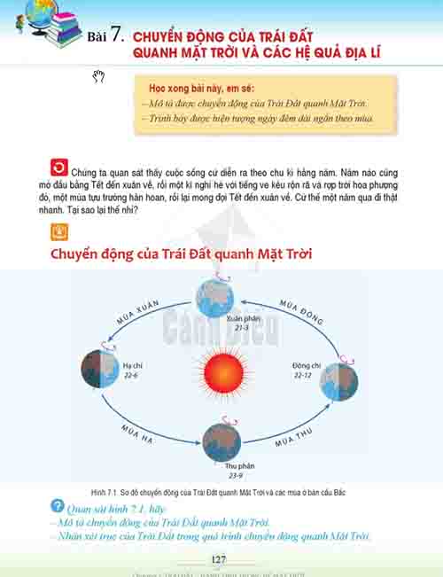 Giải SGK Lịch sử và Địa lí lớp 6 Cánh diều Phần Địa lí Bài 7 Chuyển động của Trái Đất quanh Mặt trời và các hệ quả địa lí (trang 127-131)