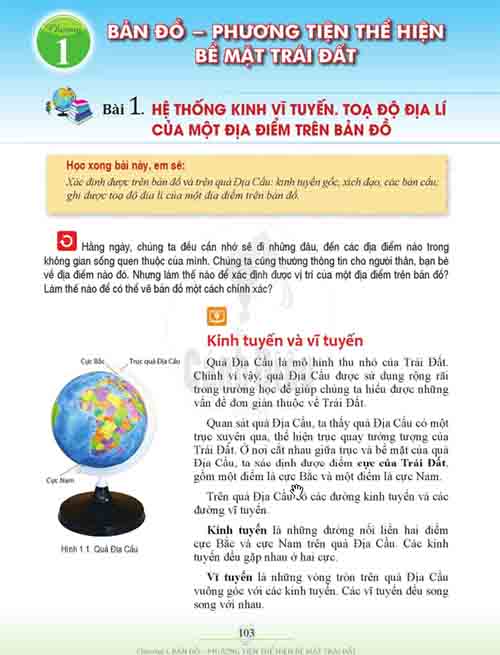 Giải SGK Lịch sử và Địa lí lớp 6 Cánh diều Phần Địa lí Chương 1 Bài 1 Hệ thống kinh tuyến vĩ tuyến - Tọa độ địa lí của một địa điểm trên bản đồ (trang 103-105)