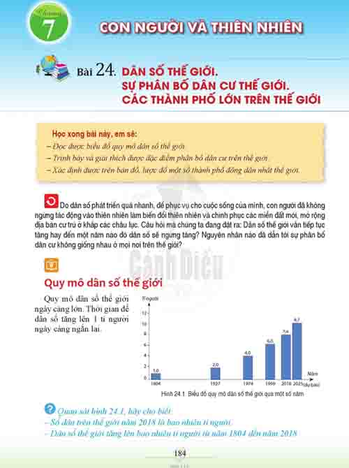 Giải SGK Lịch sử và Địa lí lớp 6 Cánh diều Phần Địa lí Chương 7 Bài 24 Dân số thế giới - Sự phân bố dân cư thế giới - Các thành phố lớn trên thế giới (trang 184-188)