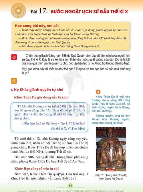 Giải SGK Lịch sử và Địa lí lớp 6 Cánh diều Phần Lịch sử Bài 17: Bước ngoặt lịch sử đầu thế kỉ X (trang 85-90)