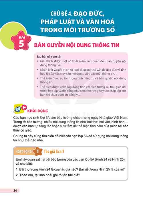 Giải SGK Tin học lớp 5 Kết nối tri thức Chủ đề 4 Bài 5 Bản quyền nội dung thông tin (trang 24-28)