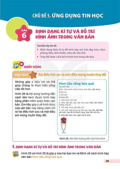 Giải SGK Tin học lớp 5 Kết nối tri thức Chủ đề 5 Bài 6 Định dạng kí tự và bố trí hình ảnh trong văn bản (trang 29-33)