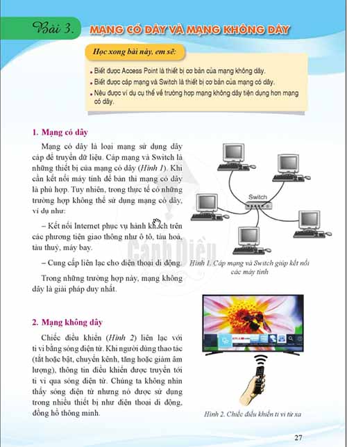 Giải SGK Tin học lớp 6 Cánh diều Chủ đề B Bài 3: Mạng có dây và mạng không dây (trang 27-29)