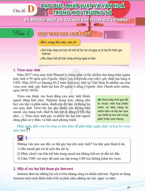 Giải SGK Tin học lớp 6 Cánh diều Chủ đề D Bài 1: Mặt trái của internet (trang 49-51)