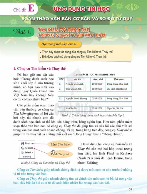 Giải SGK Tin học lớp 6 Cánh diều Chủ đề E Bài 1: Tìm kiếm và thay thế trong soạn thảo văn bản (trang 57-59)