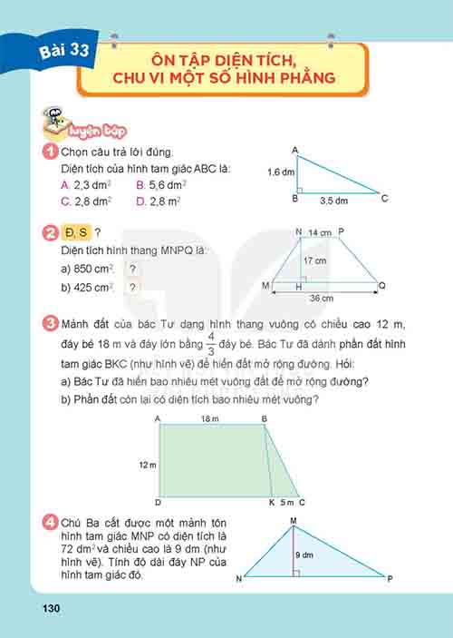 Giải SGK Toán lớp 5 tập 1 Kết nối tri thức Bài 33: Ôn tập diện tích & chu vi một số hình phẳng (trang 130-132)
