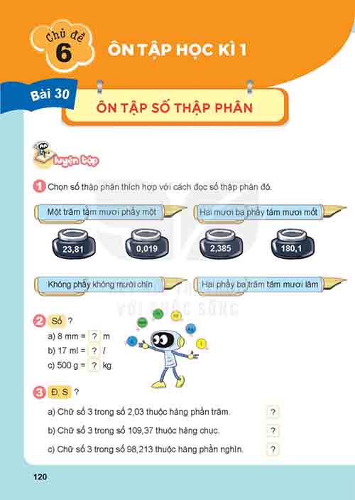 Giải SGK Toán lớp 5 tập 1 Kết nối tri thức Chủ đề 6 Bài 30: Ôn tập số thập phân (trang 120-122)