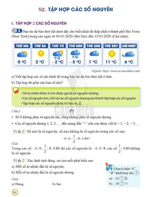 Giải SGK Toán lớp 6 Cánh diều Chương II Bài 2 Tập hợp các số nguyên (trang 64-69)
