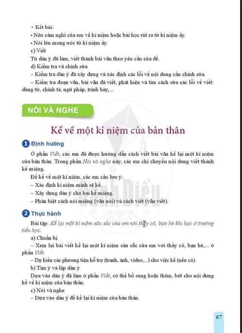 Soạn Ngữ văn 6 Cánh diều tập 1 Bài 3: Thực hành viết & Nói và nghe: Kể về một kỉ niệm của bản thân (trang 64-68)